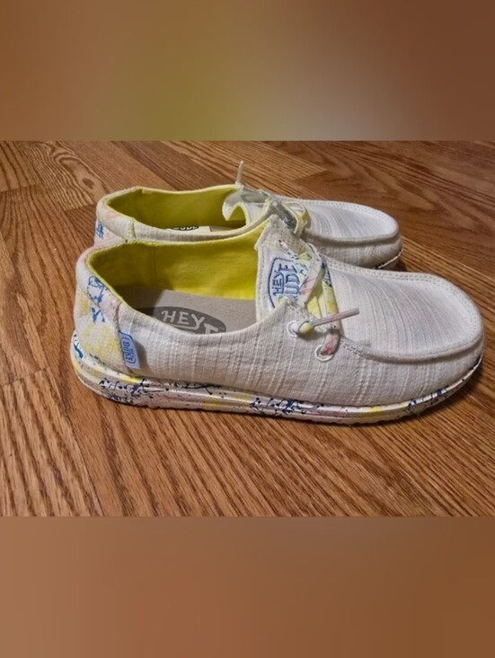 Hey Dude Other - Hey Dude Kids Slip-On Sneakers in White with Yellow Lining and Painted Sole